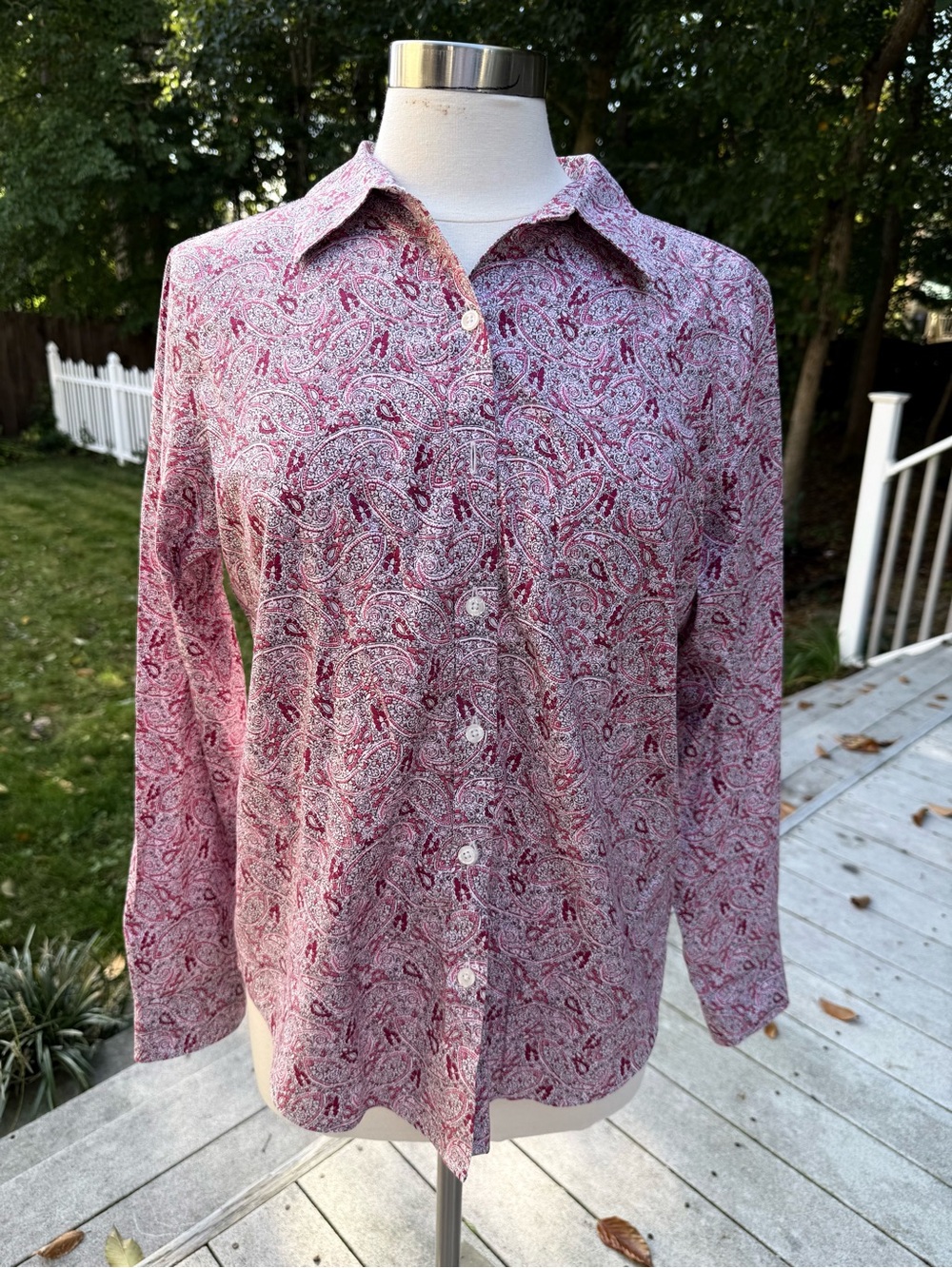 L.L. Bean Burgundy and White Paisley Button-Up Blouse wrinkle free
